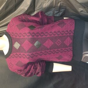 Vintage NORDIC Geometric Patterned Sweater - Black and Purple  Leather Accents